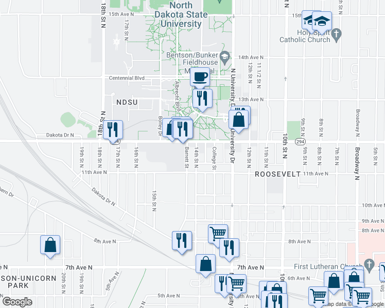 map of restaurants, bars, coffee shops, grocery stores, and more near 1128 14th Street North in Fargo