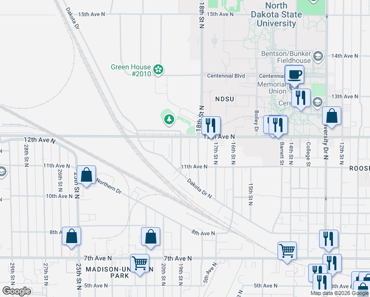map of restaurants, bars, coffee shops, grocery stores, and more near 1125 19th Street North in Fargo