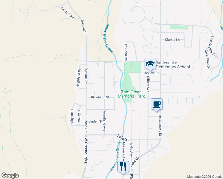 map of restaurants, bars, coffee shops, grocery stores, and more near 2706 Woodland Avenue in Missoula