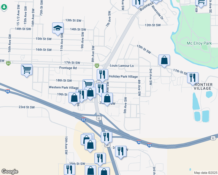 map of restaurants, bars, coffee shops, grocery stores, and more near 517 18th Street Southwest in Jamestown
