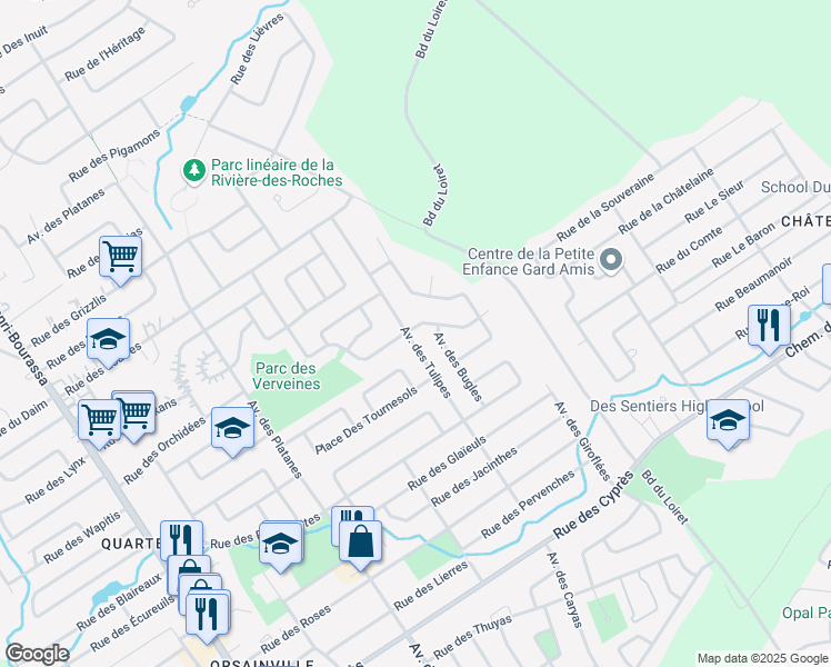 map of restaurants, bars, coffee shops, grocery stores, and more near 6644 Avenue des Tulipes in Québec