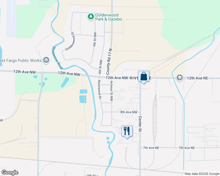 map of restaurants, bars, coffee shops, grocery stores, and more near 400 11th Avenue Northwest in West Fargo