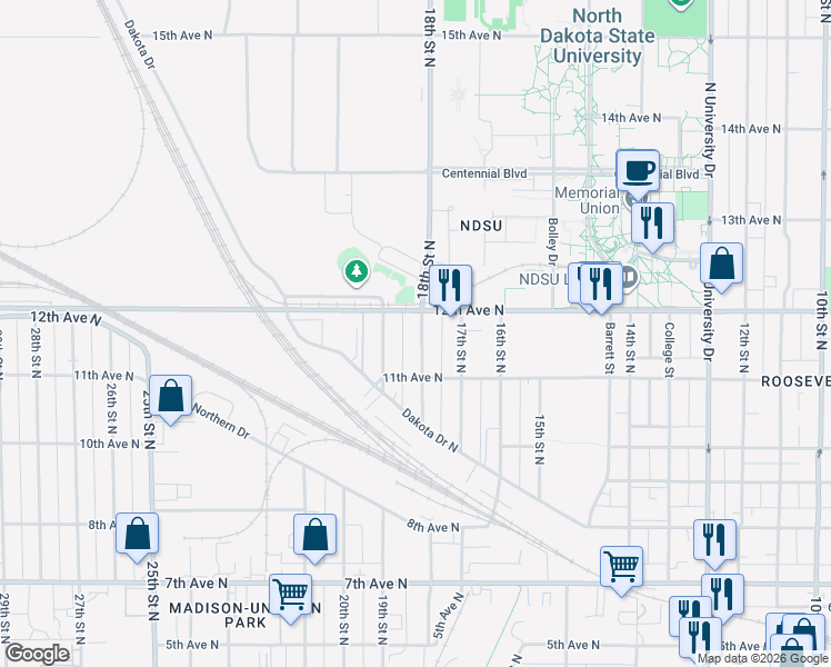 map of restaurants, bars, coffee shops, grocery stores, and more near 1132 18th Street North in Fargo