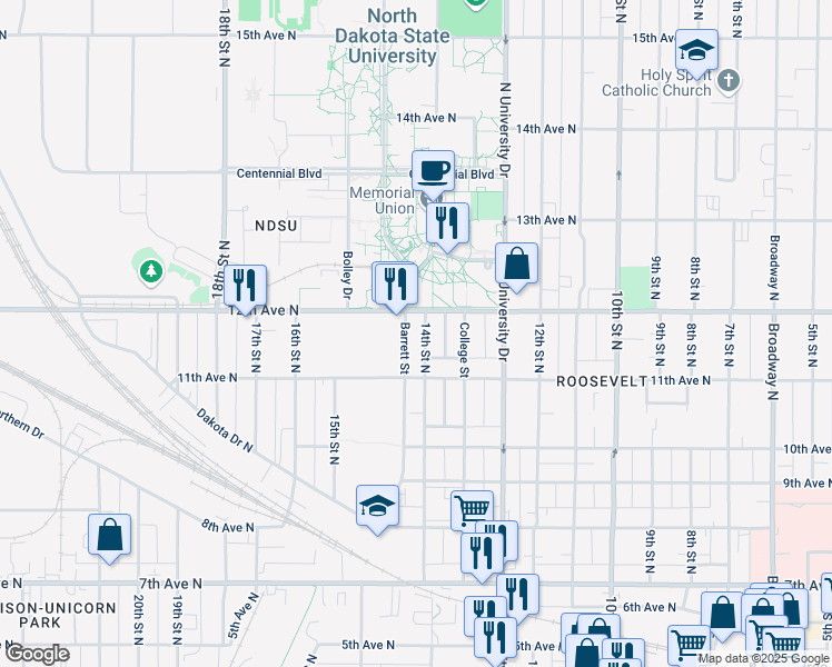 map of restaurants, bars, coffee shops, grocery stores, and more near 1132 14th Street North in Fargo