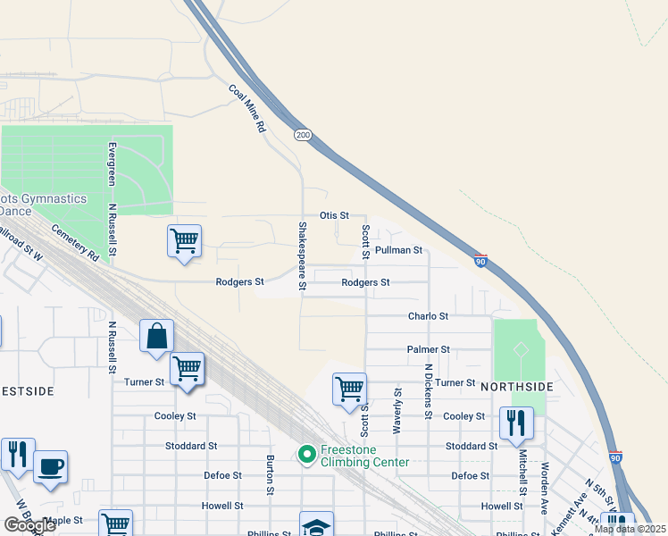 map of restaurants, bars, coffee shops, grocery stores, and more near 1100-1298 Rodgers Street in Missoula