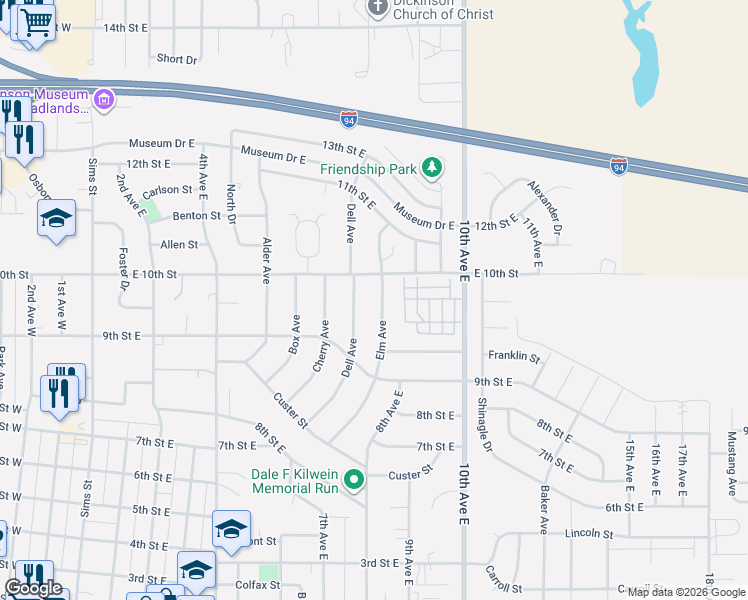 map of restaurants, bars, coffee shops, grocery stores, and more near 981 Elm Avenue in Dickinson