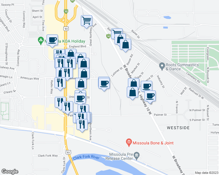 map of restaurants, bars, coffee shops, grocery stores, and more near 2401 Latimer in Missoula