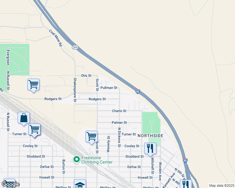 map of restaurants, bars, coffee shops, grocery stores, and more near 1840 North Dickens Street in Missoula