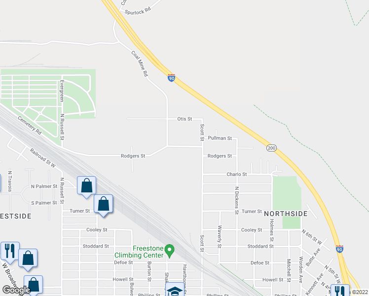 map of restaurants, bars, coffee shops, grocery stores, and more near 1100-1298 Rodgers Street in Missoula