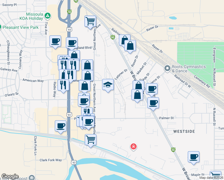 map of restaurants, bars, coffee shops, grocery stores, and more near 2875 Latimer in Missoula