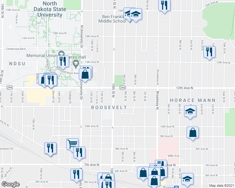 map of restaurants, bars, coffee shops, grocery stores, and more near 1139 10th Street North in Fargo