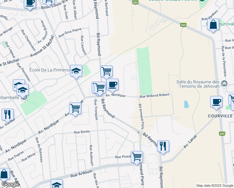 map of restaurants, bars, coffee shops, grocery stores, and more near 989 Avenue Nordique in Quebec