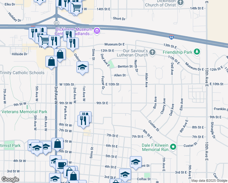 map of restaurants, bars, coffee shops, grocery stores, and more near 946 2nd Avenue East in Dickinson
