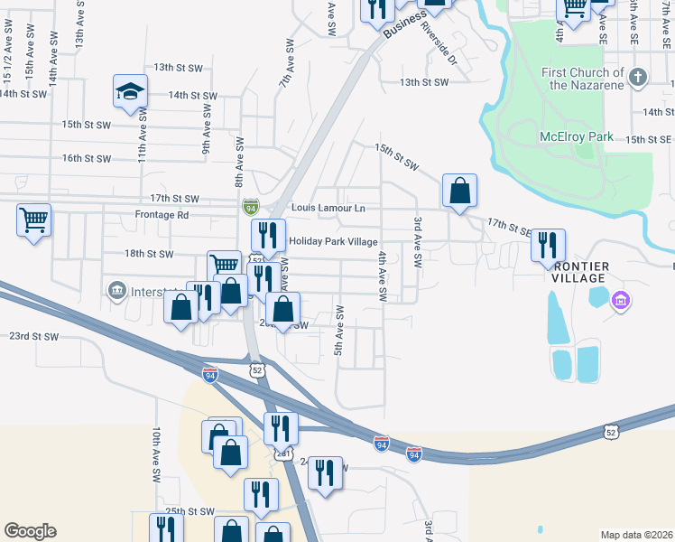 map of restaurants, bars, coffee shops, grocery stores, and more near 713 Holiday Park Village in Jamestown