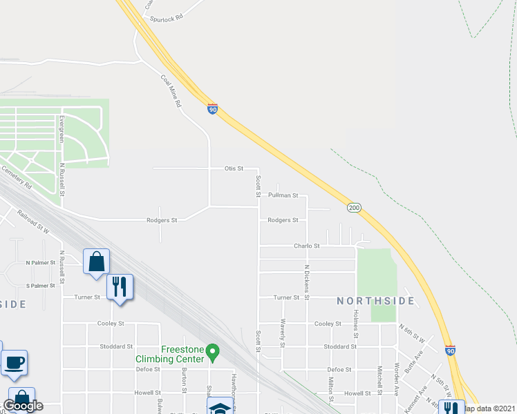map of restaurants, bars, coffee shops, grocery stores, and more near 1100 Rodgers Street in Missoula