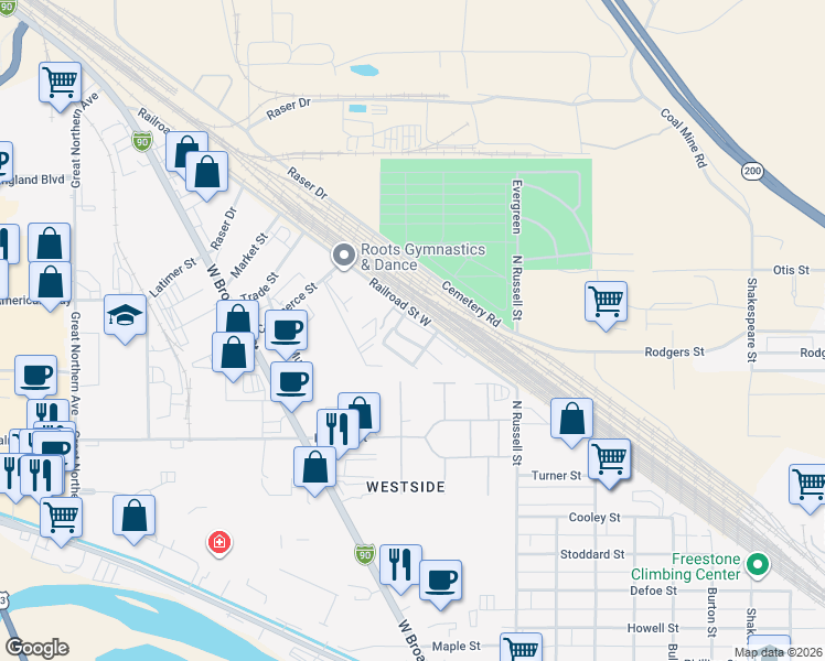 map of restaurants, bars, coffee shops, grocery stores, and more near 2410 Leo Avenue in Missoula