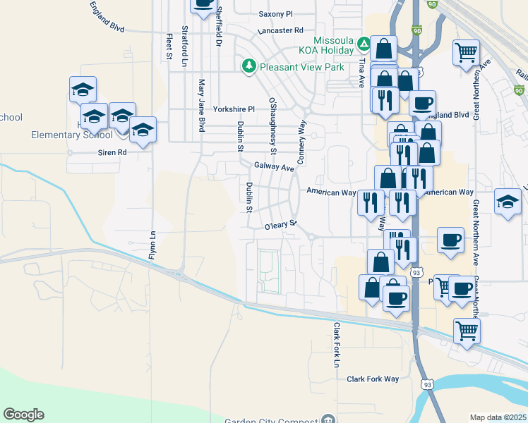 map of restaurants, bars, coffee shops, grocery stores, and more near 2626 O'Shaughnesy Street in Missoula