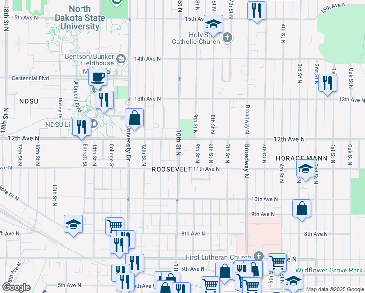 map of restaurants, bars, coffee shops, grocery stores, and more near 1139 10th Street North in Fargo