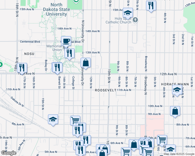 map of restaurants, bars, coffee shops, grocery stores, and more near in Fargo