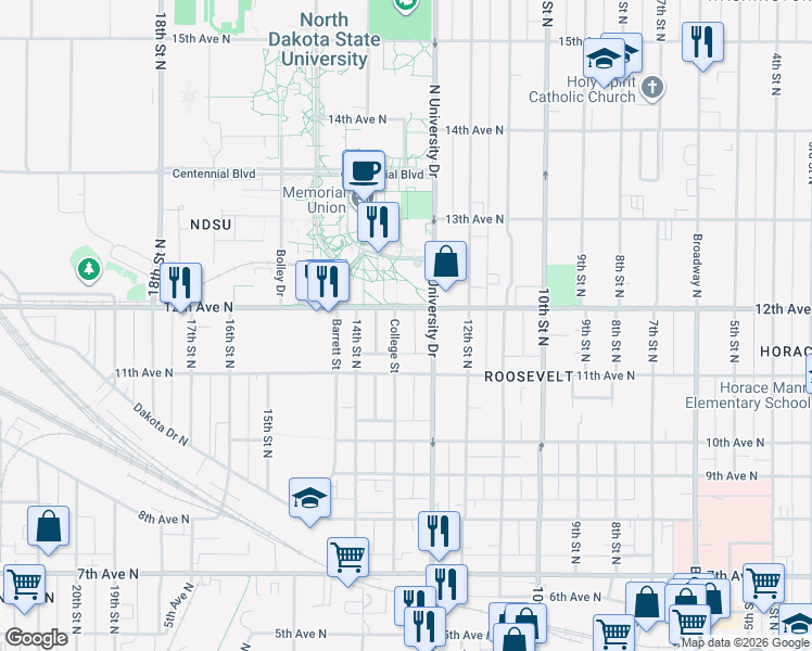 map of restaurants, bars, coffee shops, grocery stores, and more near 1131 College Street North in Fargo
