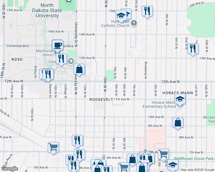 map of restaurants, bars, coffee shops, grocery stores, and more near 1139 10th Street North in Fargo