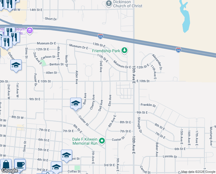 map of restaurants, bars, coffee shops, grocery stores, and more near 981 Elm Avenue in Dickinson