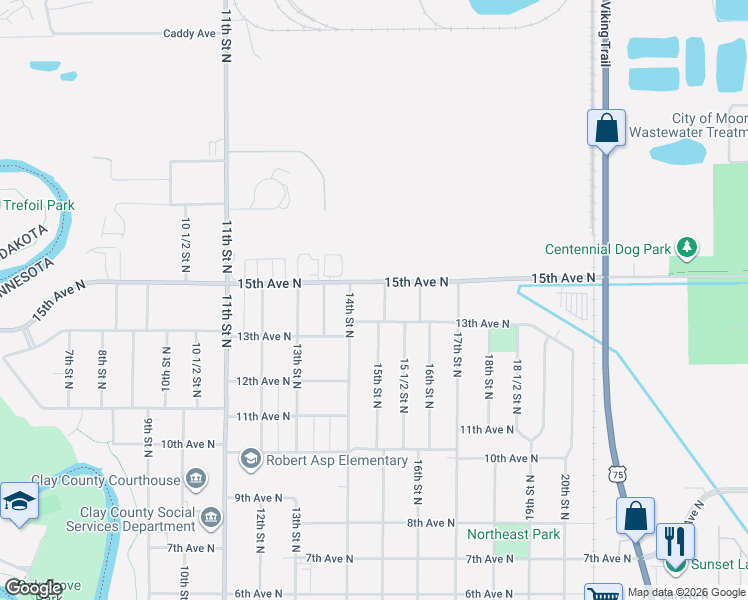 map of restaurants, bars, coffee shops, grocery stores, and more near 1403 15th Street North in Moorhead