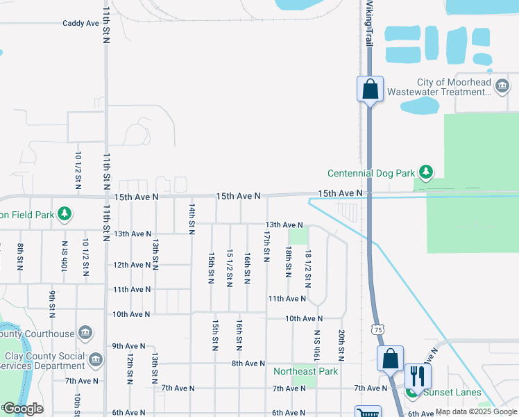 map of restaurants, bars, coffee shops, grocery stores, and more near 1403 17th Street North in Moorhead