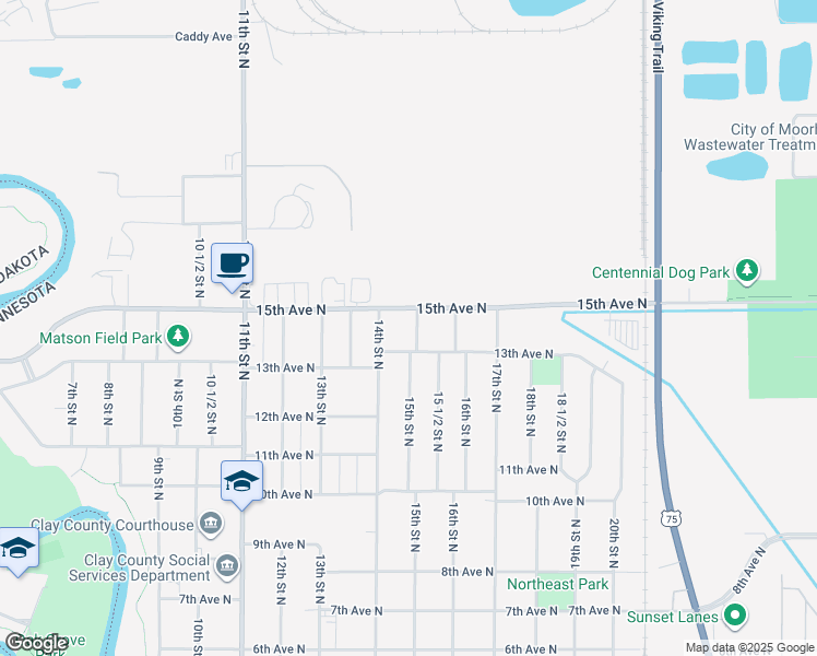 map of restaurants, bars, coffee shops, grocery stores, and more near 1403 15th Street North in Moorhead