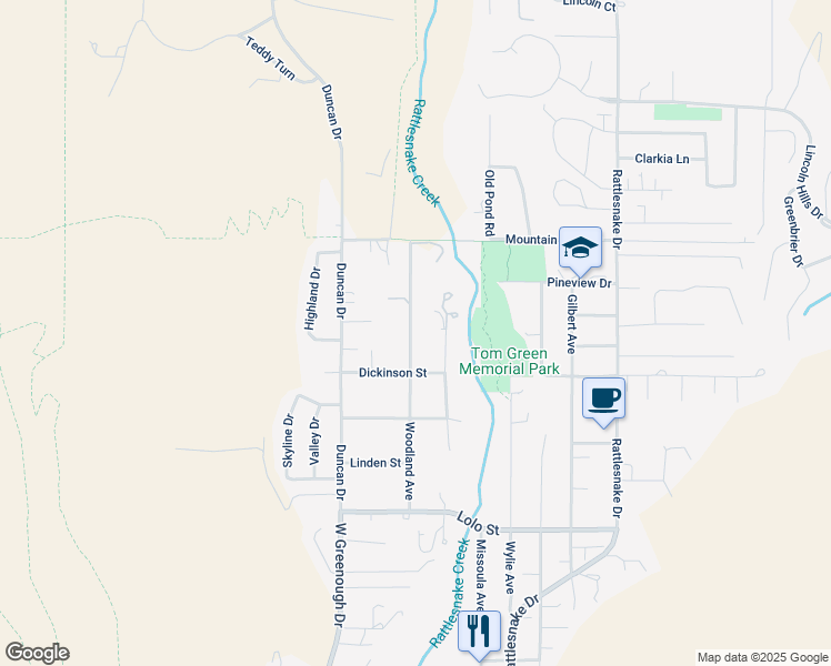 map of restaurants, bars, coffee shops, grocery stores, and more near 2706 Woodland Avenue in Missoula