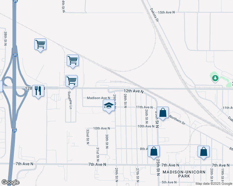 map of restaurants, bars, coffee shops, grocery stores, and more near 1135 29th Street North in Fargo