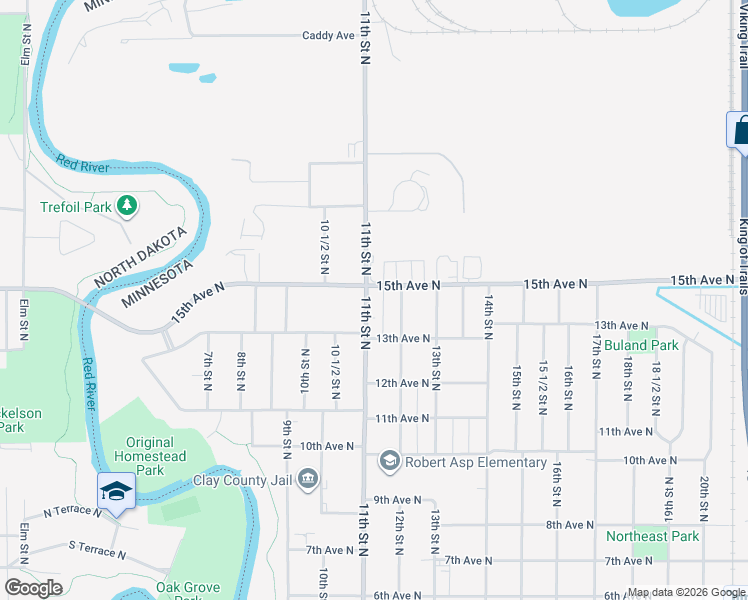 map of restaurants, bars, coffee shops, grocery stores, and more near 1412 11th Street North in Moorhead