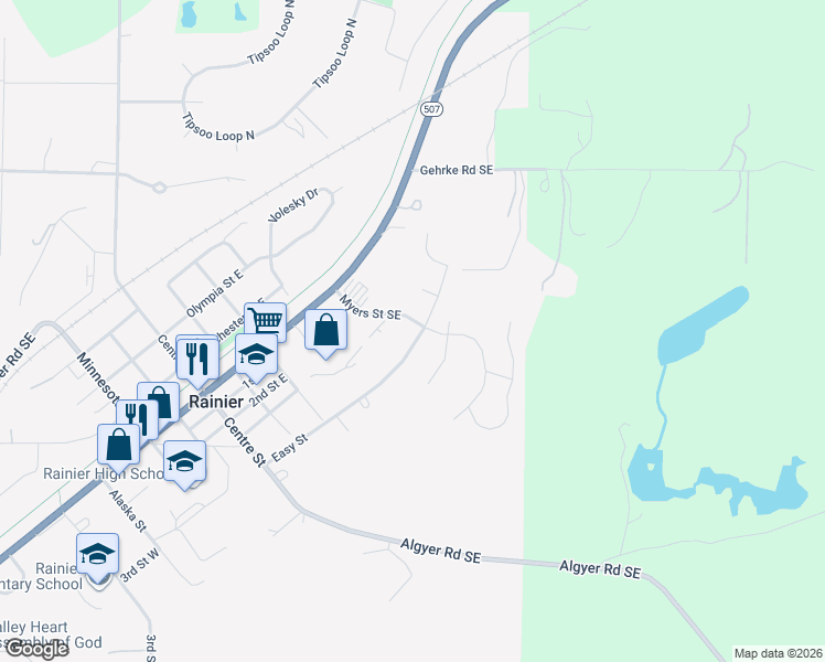 map of restaurants, bars, coffee shops, grocery stores, and more near 416 Easy Street in Rainier