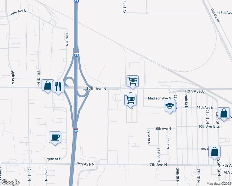 map of restaurants, bars, coffee shops, grocery stores, and more near 1195 35th Street North in Fargo