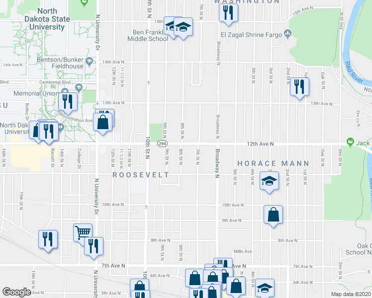 map of restaurants, bars, coffee shops, grocery stores, and more near 1137 8th Street North in Fargo