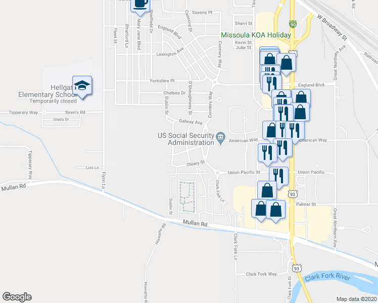 map of restaurants, bars, coffee shops, grocery stores, and more near 2626 O'Shaughnesy Street in Missoula