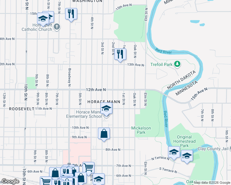 map of restaurants, bars, coffee shops, grocery stores, and more near 1143 2nd Street North in Fargo