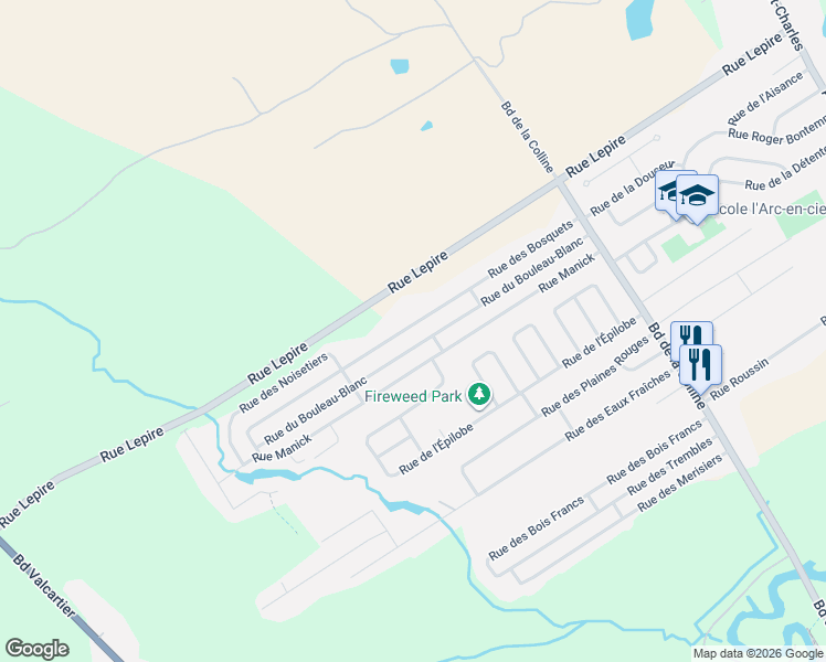 map of restaurants, bars, coffee shops, grocery stores, and more near 598A Rue des Bosquets in Québec