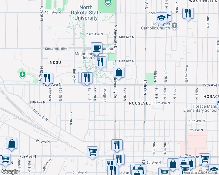 map of restaurants, bars, coffee shops, grocery stores, and more near 1131 College Street North in Fargo
