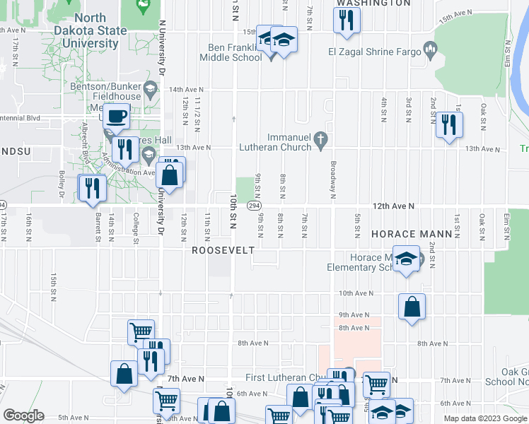 map of restaurants, bars, coffee shops, grocery stores, and more near 1145 9th Street North in Fargo