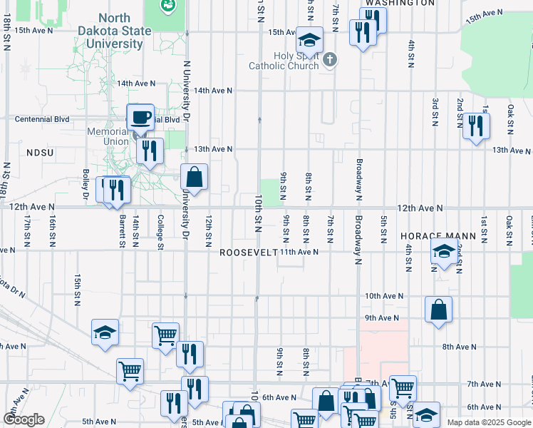 map of restaurants, bars, coffee shops, grocery stores, and more near 918 12th Avenue North in Fargo