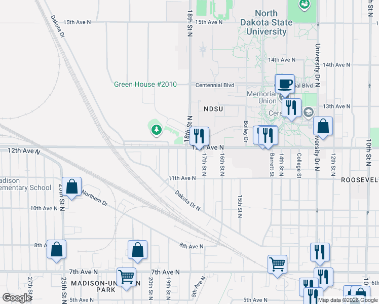 map of restaurants, bars, coffee shops, grocery stores, and more near 1758 12th Avenue North in Fargo