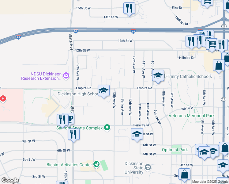map of restaurants, bars, coffee shops, grocery stores, and more near 979 13th Avenue West in Dickinson