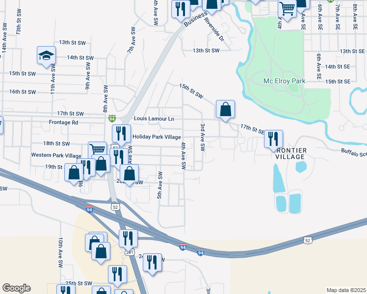 map of restaurants, bars, coffee shops, grocery stores, and more near 401 18th Street Southwest in Jamestown