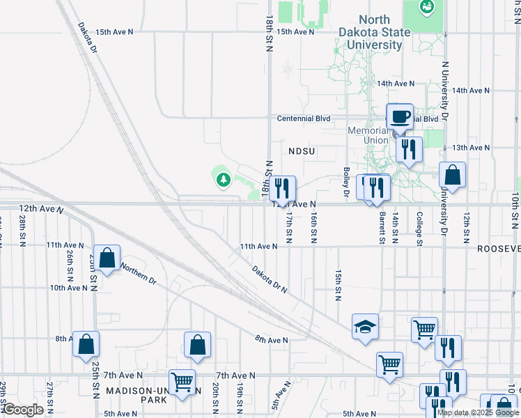 map of restaurants, bars, coffee shops, grocery stores, and more near 1142 18th Street North in Fargo