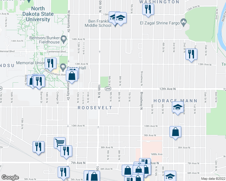map of restaurants, bars, coffee shops, grocery stores, and more near 820 12th Avenue North in Fargo