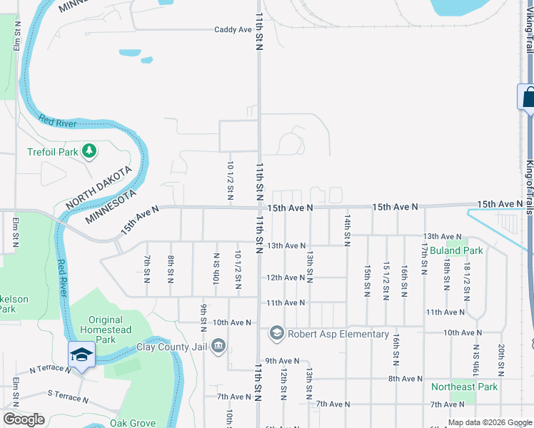 map of restaurants, bars, coffee shops, grocery stores, and more near 1412 11th Street North in Moorhead
