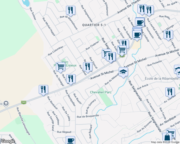 map of restaurants, bars, coffee shops, grocery stores, and more near 45 Rue Dubeau in Québec
