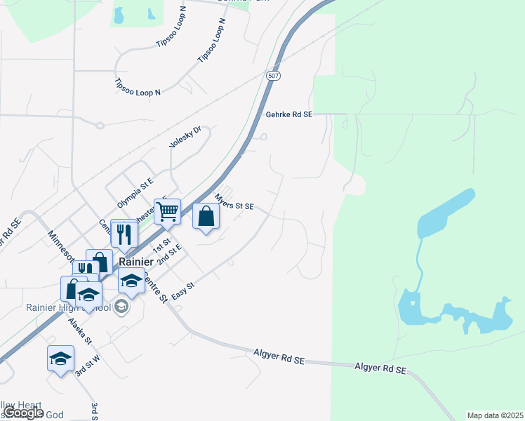 map of restaurants, bars, coffee shops, grocery stores, and more near 416 Easy Street in Rainier