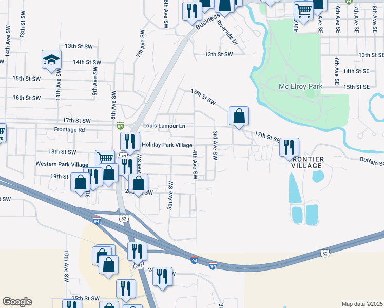 map of restaurants, bars, coffee shops, grocery stores, and more near 401-507 18th Street Southwest in Jamestown